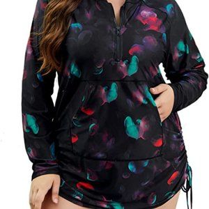 Halcurt Plus Size Rash Guard for Women UPF 50+ Zip Drawstring Ruched Pocket Top